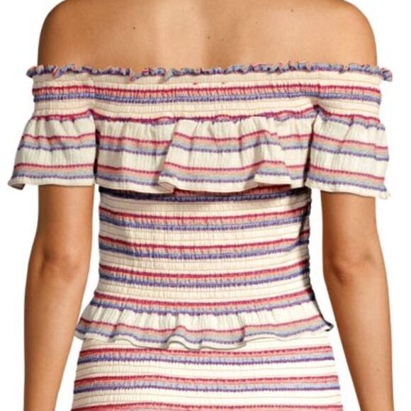 PARKER Lizette Smocked Crop Off the Shoulder Top Cabana Stripe Red Blue Sz Small - Picture 3 of 9